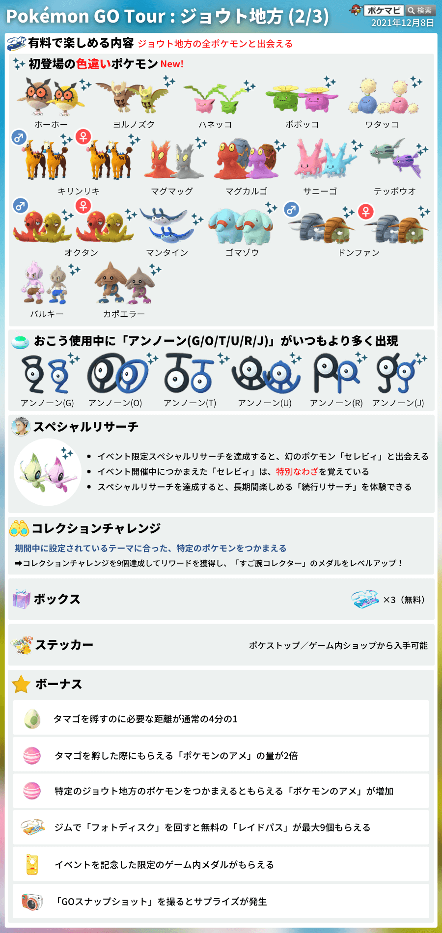 ポケモンgo攻略情報 ポケマピ Youtube更新 Pokemon Go Tour ジョウト地方 有料 無料 内容まとめ チケット購入期限について 有料内容 ジョウト地方色違い全実装 金 銀で出現するポケモンが変化 無料内容 野生 レイド タマゴ