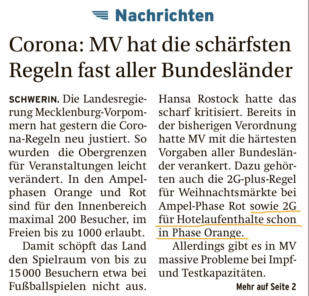 Der <a href="/Nordkurier/">Nordkurier</a> schafft es mal wieder bereits auf Seite 1 Chaos zu verbreiten. Es gilt ab Warnstufe 3 (Orange) die 2G+ Regel für touristische Übernachtungen. Am besten Ihr informiert Euch auch auf der Website von <a href="/aufnachmv/">Tourismusverband MV</a> tourismus.mv 🙈 <a href="/JuergenMladek/">Jürgen Mladek</a>