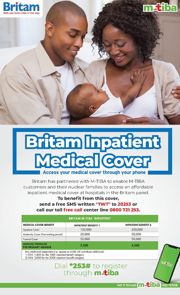 What makes M-TIBA different? Well, it starts with our unstoppable commitment to give you the #Powertocare for your #health and that of your loved one.
For as low as KES 3200 you can get the Britam #healthplan all on your #mobilephone