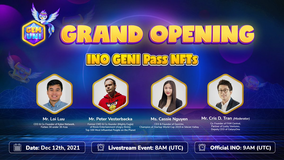 gemuniofficial's tweet image. 🔥 Grand Opening Event - #INO GENI Pass NFTs is ready to boom on Dec 12
Take chances to: 
+ Access in #GemUni Beta test 
+ Join in Christmas #Challenge with 20,000 cash prize
+ Buy 1 get 1 free 
+ Meet hot influencers on Blockchain and Gaming
⏰: 8 AM (UTC)
Get ready on fire 🔥🔥