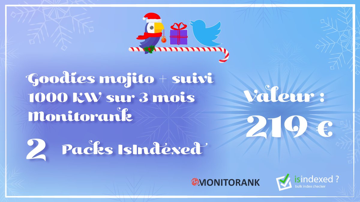 Beem.Express (@beemexpress) on Twitter photo 🎅 Ce mercredi, voici le lot mis en jeu !
Aujourd'hui le tirage au sort se fera parmi les RT de ce Tweet !
👉 Des goodies Mojito + 1 000 Mots clés offerts pour 3 mois de suivi quotidien chez <a href="/monitorank/">Monitorank</a>
👉 2 packs Starter chez <a href="/isindexed/">isindexed ?</a>
C'est parti, on RT! 🎁 🎅 Ce mercredi, voici le lot mis en jeu !
Aujourd'hui le tirage au sort se fera parmi les RT de ce Tweet !
👉 Des goodies Mojito + 1 000 Mots clés offerts pour 3 mois de suivi quotidien chez <a href="/monitorank/">Monitorank</a>
👉 2 packs Starter chez <a href="/isindexed/">isindexed ?</a>
C'est parti, on RT! 🎁