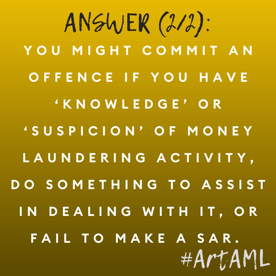 artaml_'s tweet photo. What happens if you don't report suspicious activity as soon as you know or suspect someone is involved with money laundering activities?
It's a serious matter and responsbility falls on you and your business. Open the images to learn more.
Search popular questions via #AMLFAQ https://t.co/FFwmY6y0fE