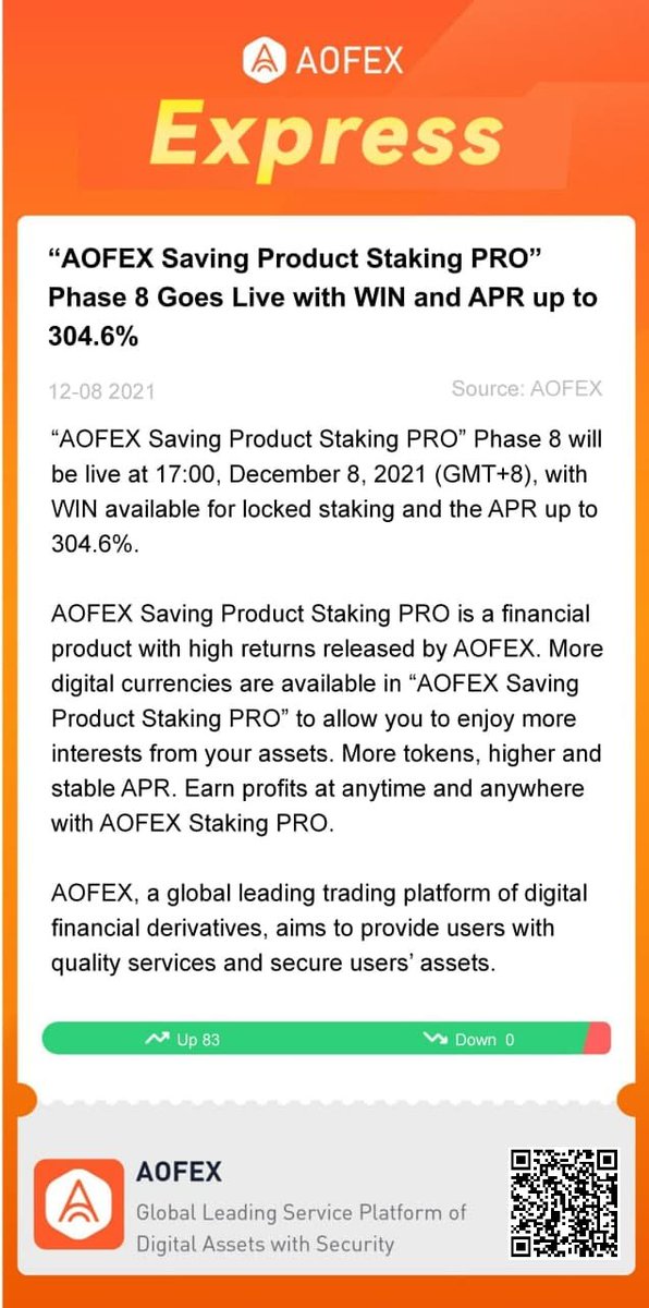 Aofex_Indo's tweet photo. AOFEX Saving Product Staking PRO Phase 8 Goes Live with Win and APR up to 304.6%!!! https://t.co/J8N63bEgUn