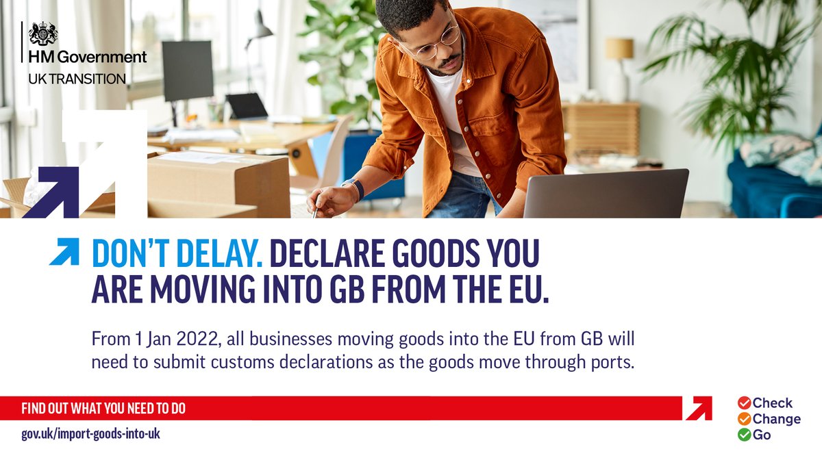 From 1 Jan, businesses importing goods from the EU will no longer be able to delay making import customs declarations.  

If you are an importer you need to decide:
How you will submit customs declarations 
How you will pay any duties 

ow.ly/pAsG50H5VzB