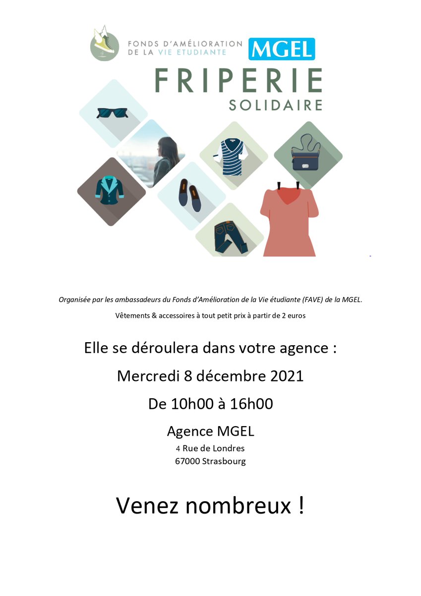 On vous accueille aujourd’hui, ⏰de 10h à 16h, 📍 à l’agence MGEL située 4 rue de Londres à Strasbourg, pour la Friperie Solidaire.
Profitez de nos articles proposés à partir de 2€.
Faites des bonnes affaires💶, tout en préservant l’environnement !
A très vite 😊