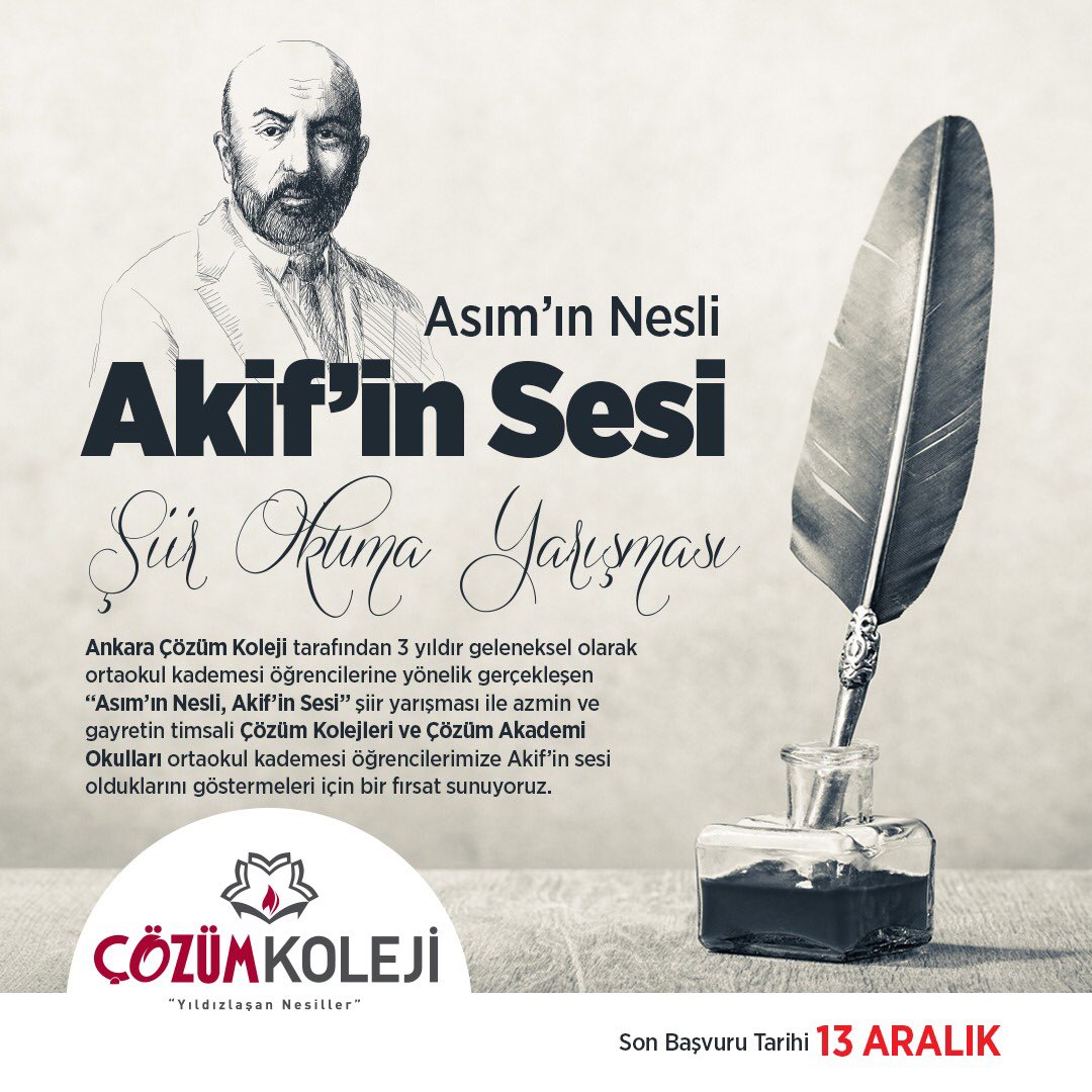 “Asım’ın Nesli, Akif’in Sesi” şiir yarışması ile azmin ve gayretin timsali Çözüm Kolejleri ve Çözüm Akademi Okulları ortaokul kademesi öğrencilerimize Akif’in sesi olduklarını göstermeleri için bir fırsat sunuyoruz.

Şiir yarışması şartnamesi; cozumkoleji.com.tr/tr/sayfa/381/c…