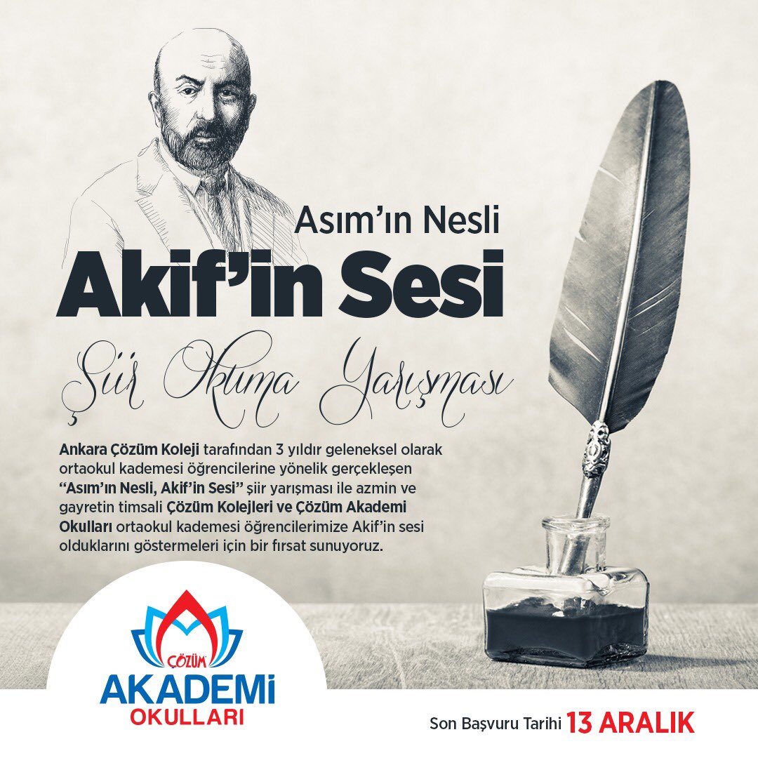 “Asım’ın Nesli, Akif’in Sesi” şiir yarışması ile azmin ve gayretin timsali Çözüm Kolejleri ve Çözüm Akademi Okulları ortaokul kademesi öğrencilerimize Akif’in sesi olduklarını göstermeleri için bir fırsat sunuyoruz.

Şiir yarışması şartnamesi; cozumakademiokullari.com/tr/sayfa/364/c…