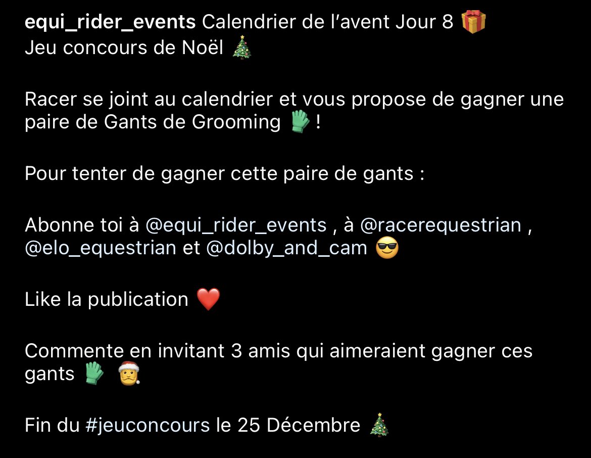 Calendrier de l’avent Jour 8 🎁
La case du 08 décembre vient de s’ouvrir sur notre compte Instagram 🤩
À gagner.. une paire de gants de grooming Racer🧤🐴
#JeuConcours #Giveaway #calendrierdelavent #calendrierdelavent2021 #gants #equitation #horse #horseriding