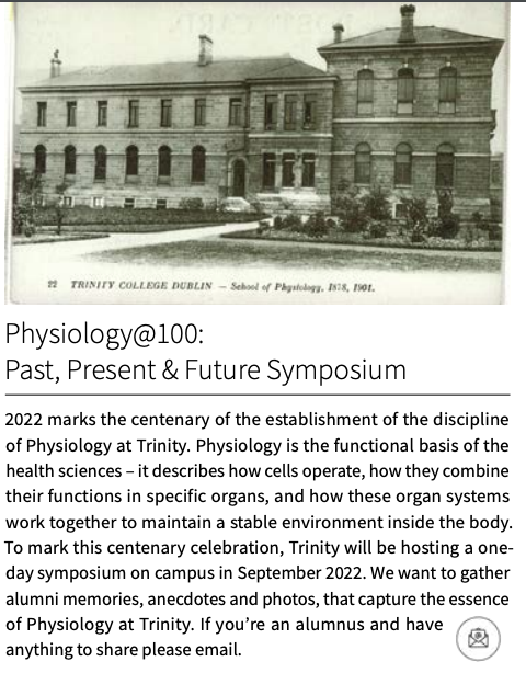 TCDPhysiology (@tcdphysiology) on Twitter photo TCD Discipline of Physiology will turn 💯 next year! In preparation of the festivities scheduled in Sept. 2022, we are calling all alumni to take part in the celebration by contacting our head of Discipline <a href="/markcnewry/">Mark Cunningham</a> to share their memories <a href="/tcdalumni/">TCD Alumni</a> <a href="/TrinityMed1/">School of Medicine</a> <a href="/tcddublin/">Trinity College Dublin</a> TCD Discipline of Physiology will turn 💯 next year! In preparation of the festivities scheduled in Sept. 2022, we are calling all alumni to take part in the celebration by contacting our head of Discipline <a href="/markcnewry/">Mark Cunningham</a> to share their memories <a href="/tcdalumni/">TCD Alumni</a> <a href="/TrinityMed1/">School of Medicine</a> <a href="/tcddublin/">Trinity College Dublin</a>