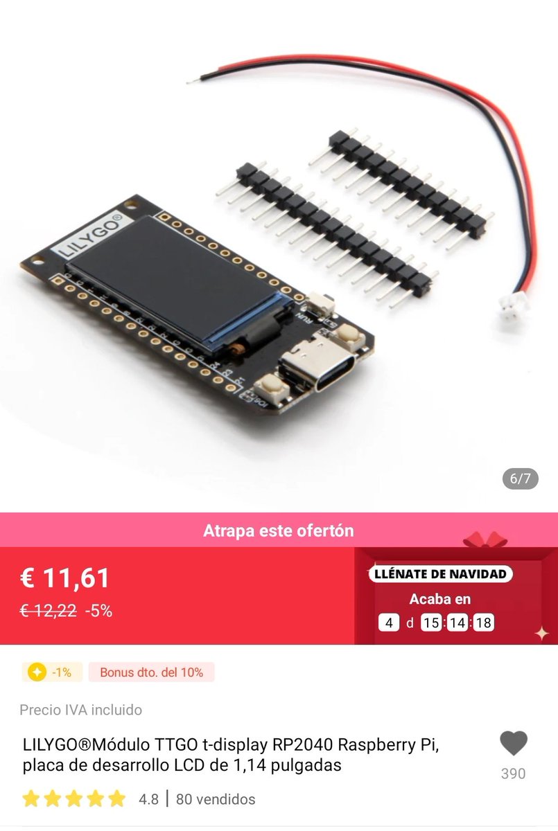 LuisLlamas's tweet photo. Product for your Christmas #maker #diy, second day!
Today we have @lilygo9 development board with RP2040 (Rpi) and 1.14" LCD
More interesting items tomorrow!
#ChristmasList #SantaDiy #iHaveBeenVeryGood #nonPromoted https://t.co/6SEpjLqTjN