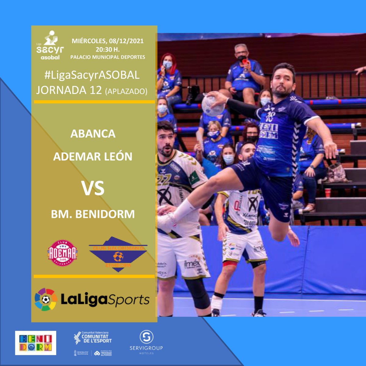 🏆 #LigaSacyrASOBAL
📅 Jornada 12 (Aplazado)
🏟 Palacio de los Deportes
🕐 20:30 h.
📱 @LaLigaSportsTV 
🆚 <a href="/ADEMARLEON/">//Abanca Ademar León</a>   
 🦁 #ADEBEN 🐼
#LiveASOBAL 

<a href="/BenidormAyto/">Benidorm</a>
<a href="/FTA_CV/">Fun.Trinidad Alfonso</a> <a href="/comunitatesport/">Comunitat de l'Esport</a>
<a href="/Servigroup/">Servigroup Hotels</a>