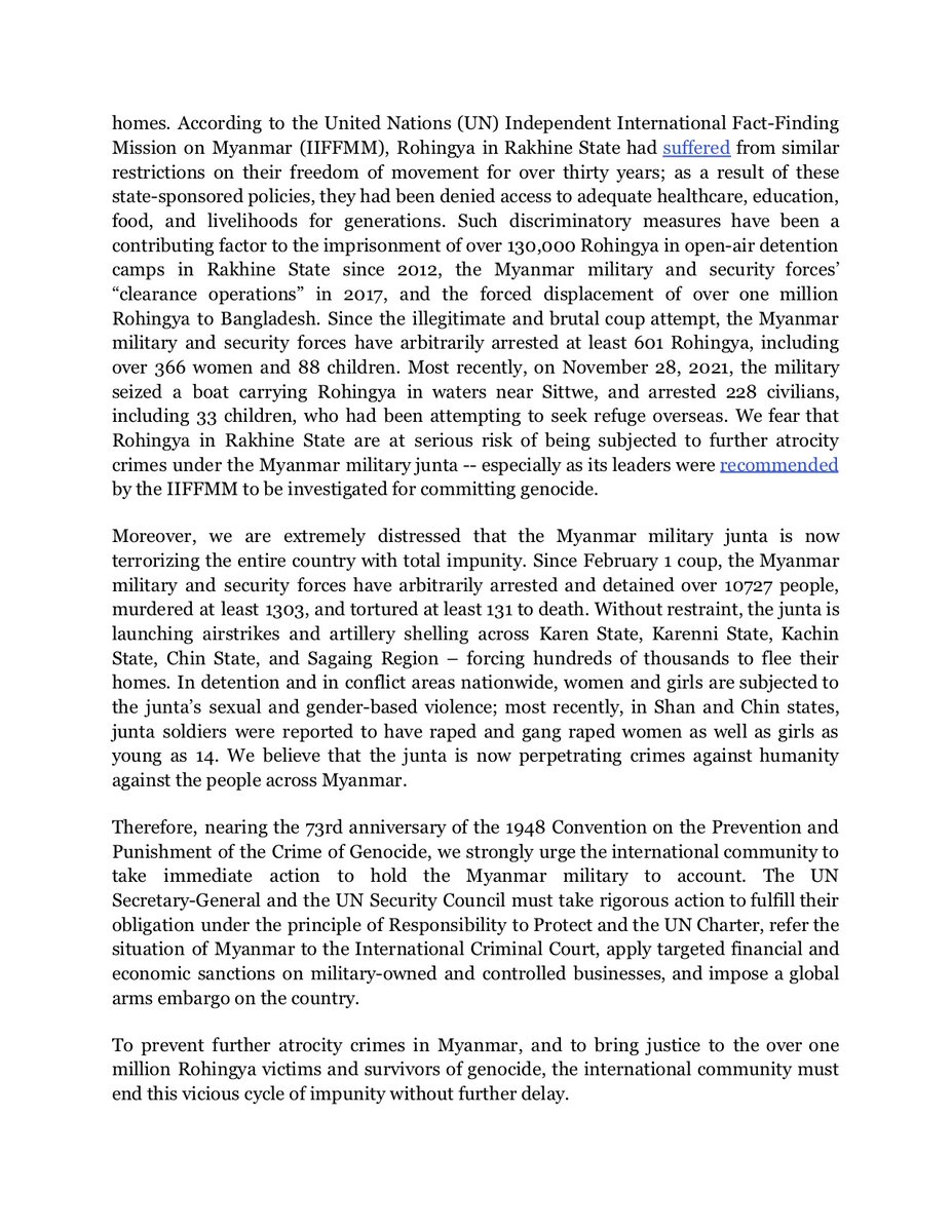 WomensPeaceNW's tweet photo. 🗣️Joint statement: #Myanmar civil society organizations condemn the military junta's genocidal travel restrictions on #Rohingya in Rakhine State, and urge @antonioguterres and the @UN Security Council to act immediately.

#WhatsHappeningInMyanmar https://t.co/fLa7S0hyuN