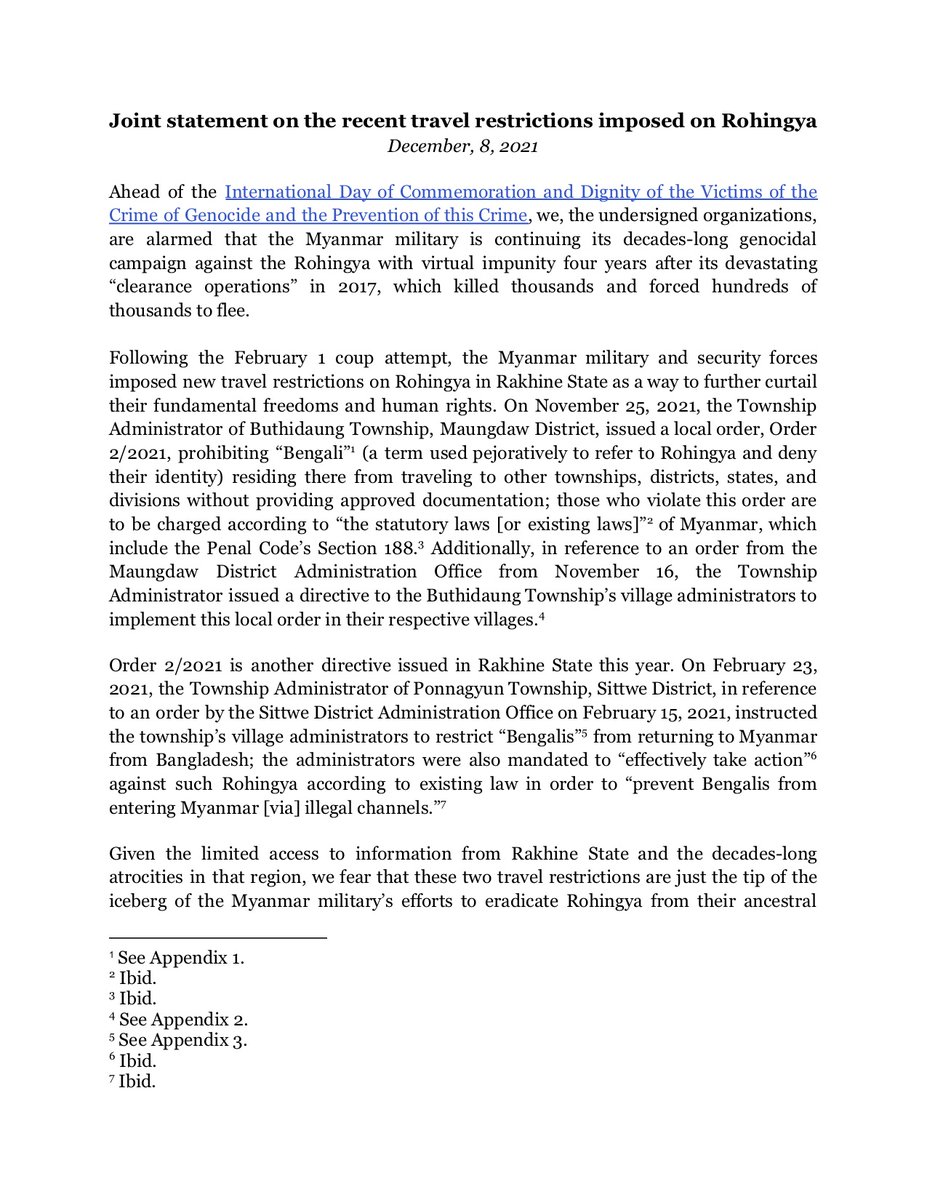 WomensPeaceNW's tweet photo. 🗣️Joint statement: #Myanmar civil society organizations condemn the military junta's genocidal travel restrictions on #Rohingya in Rakhine State, and urge @antonioguterres and the @UN Security Council to act immediately.

#WhatsHappeningInMyanmar https://t.co/fLa7S0hyuN