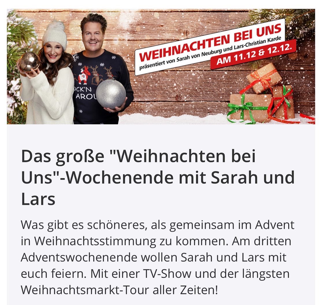SarahvonNeuburg's tweet photo. Hey… hier unser Wochenend-Fahrplan🎅🏼🎶🎄.

… am Sa. gibt’s 20:15 im @mdrde unsere Show mit: Chris de Burgh, Michael Schulte, Roland Kaiser, Michael P. Kelly uvm &amp; Sonntag starten wir mit der längsten Weihnachtsshow des Jahres auf @mdrjump !

Details: https://t.co/5VcvqdO8CW https://t.co/Xx85FHDesl