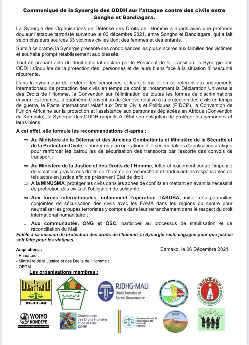 msdhmali's tweet photo. Communiqué de la synergie des Organisations de la Défense des Droits de l’Homme sur l’attaque contre des civils entre Songho et Bandiagara.
#msdh #oddh https://t.co/IlcnzkMsnd
