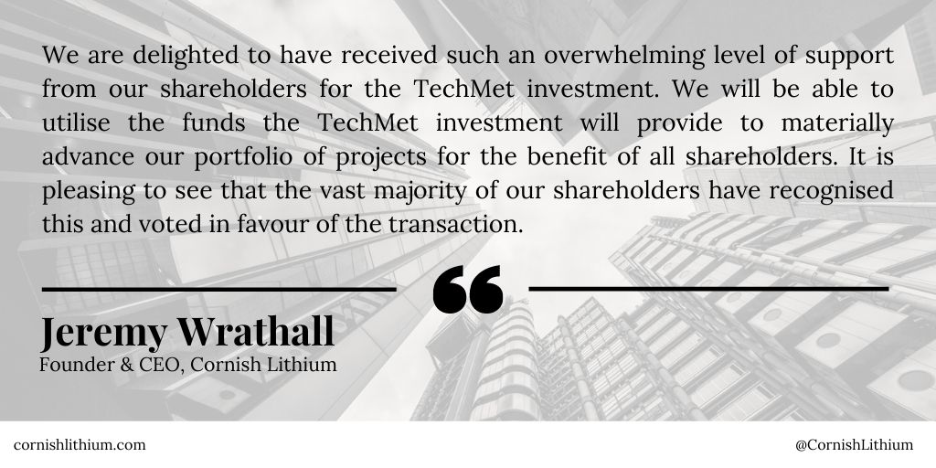 BlytheRayPR's tweet photo. ⛏️@CornishLithium receives shareholder approval for the investment package of up to £18M from #TechMet. This means, in accordance with the subscription agreement, the Company has received the first tranche, £9M, of the investment package ➡️ https://t.co/G5JqY8qrz3 https://t.co/4TGZgJNMyV