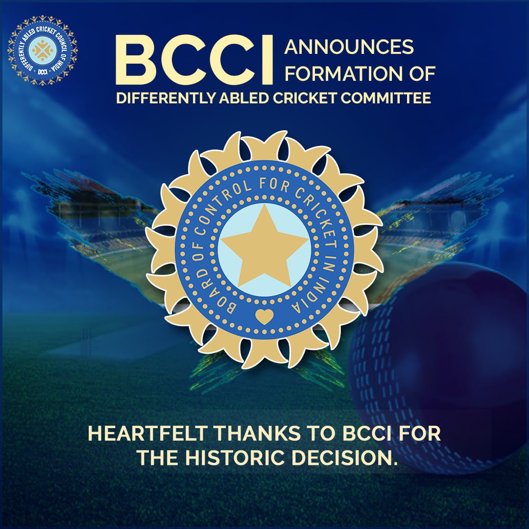 We, the DCCI, are grateful to <a href="/JayShah/">Jay Shah</a> <a href="/SGanguly99/">Sourav Ganguly</a> <a href="/ThakurArunS/">Thakur Arun Singh</a> and to all the esteemed state and affiliated units of the BCCI for forming the Differently Abled cricket committee. It's the first time the <a href="/BCCI/">BCCI</a> has recognised disability cricketers and taken us in their wings.