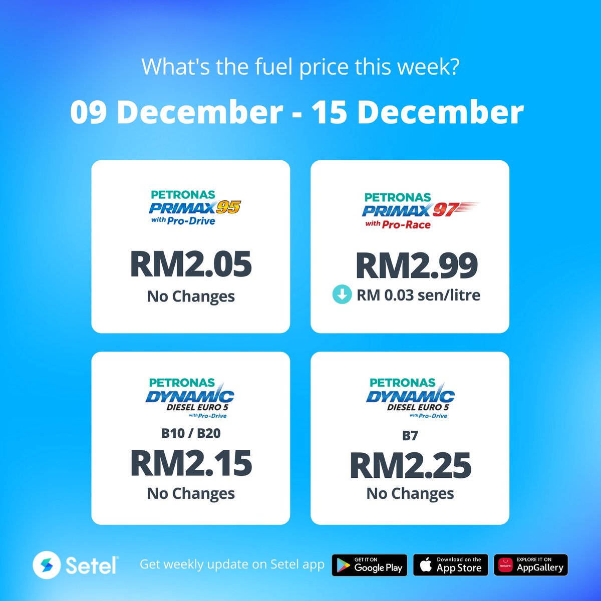 setel's tweet photo. ⛽ RON97 down RM0.03 sen/litre! Get fuel price updates via Setel App.
Be the first 100 customers to top up a minimum of RM100 in a single transaction with AEON Credit Card every Sunday to get RM10 Setel Credit*!
https://t.co/pJ4rT1gEhi
#CardTerus https://t.co/uSVUvNYm2H
