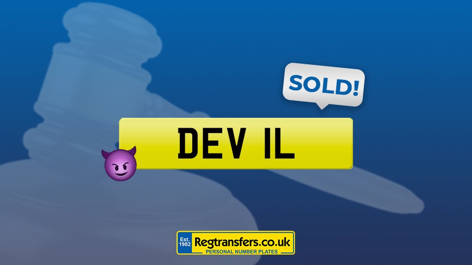 Regtransfers's tweet photo. DEV 1L sold for a massive £308,253 (including taxes and fees) in Tuesdays auction ✅
This plate is a pretty special one perfectly reading as 'DEVIL' 👿
#Regtransfers #numberplates #auction #auctionplate #DEV1L #DEVIL #DEVILPLATE #WordPlate https://t.co/6TuQrmGJdw
