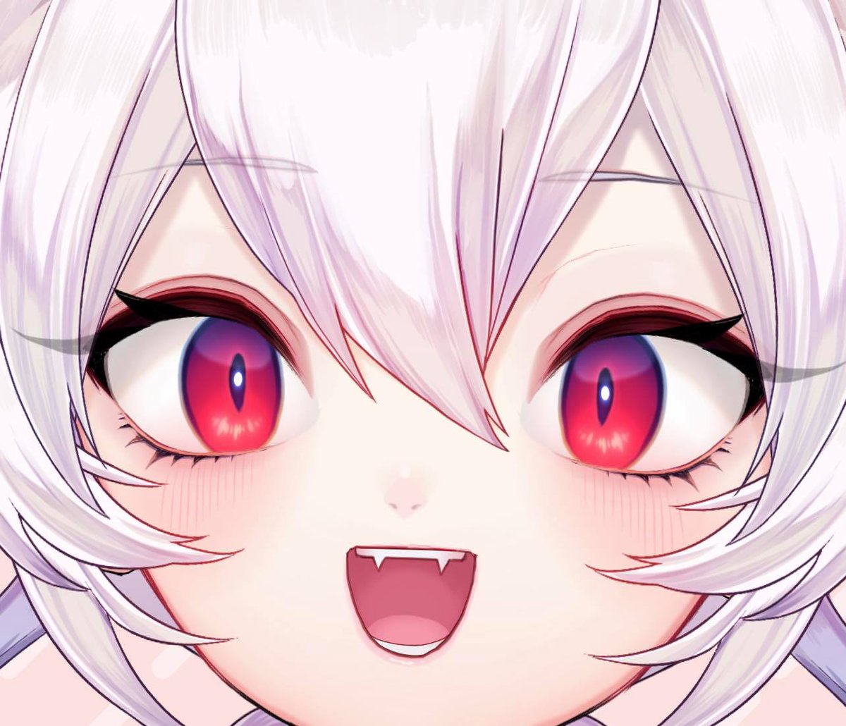 1girl solo fangs red eyes open mouth white hair smile  illustration images