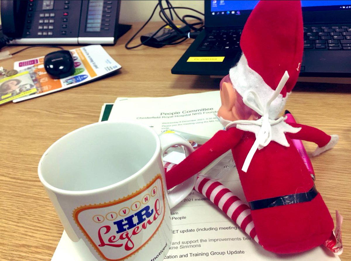 royalhospital's tweet photo. Reading People Committee papers with a cuppa before this morning’s meeting. Looking after all our people. Topics today include health & wellbeing, engagement, SWeET update (!), Leading the Chesterfield Way & system working #HR #bornforthisrole #sweets #elfieontheshelf #HRlegend https://t.co/mhs26ycF7u