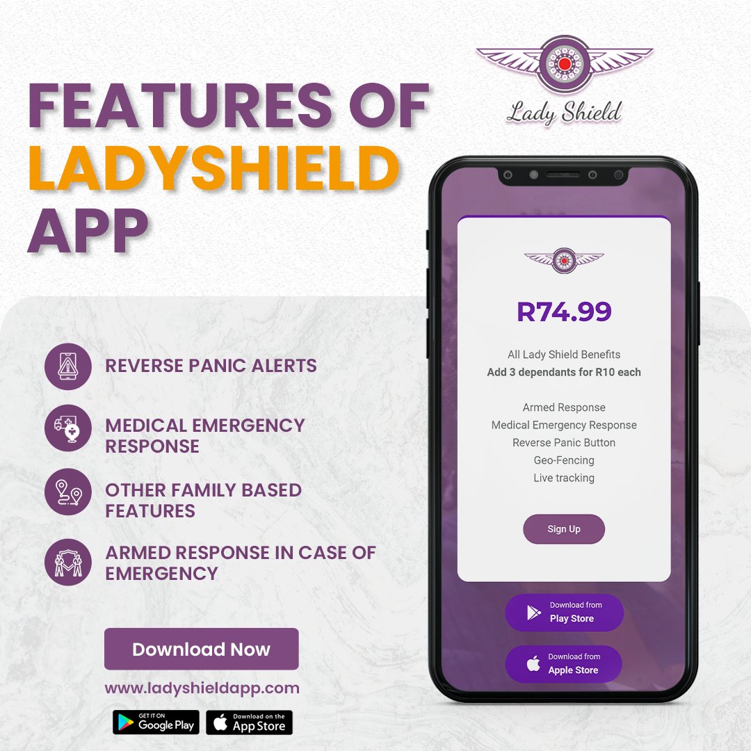 LadyShieldApp1's tweet photo. The app uses your phone as a panic button to call armed response and/or medical emergency services to your location within minutes by tracking your GPS coordinates.

#ladyshieldapp #safetyapp #genderbasedviolence #alert #stopvoilence #emergencyapp #alertapp #safetyapps #staysafe https://t.co/ekMuGTnCXn