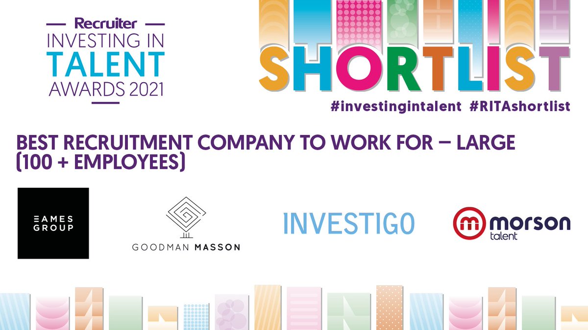 Recruiter Awards (@recruiterawards) on Twitter photo The final #RITAshortlist to announce is Best Recruitment Company to Work For - Large (100+ Employees), congratulations to:
Eames Group <a href="/EamesGroup/">Eames Group</a>
Goodman Masson <a href="/goodman_masson/">Goodman Masson</a>
Investigo <a href="/InvestigoLtd/">Investigo</a>
Morson Talent <a href="/MorsonGroup/">Morson</a>
#investingintalent The final #RITAshortlist to announce is Best Recruitment Company to Work For - Large (100+ Employees), congratulations to:
Eames Group <a href="/EamesGroup/">Eames Group</a>
Goodman Masson <a href="/goodman_masson/">Goodman Masson</a>
Investigo <a href="/InvestigoLtd/">Investigo</a>
Morson Talent <a href="/MorsonGroup/">Morson</a>
#investingintalent