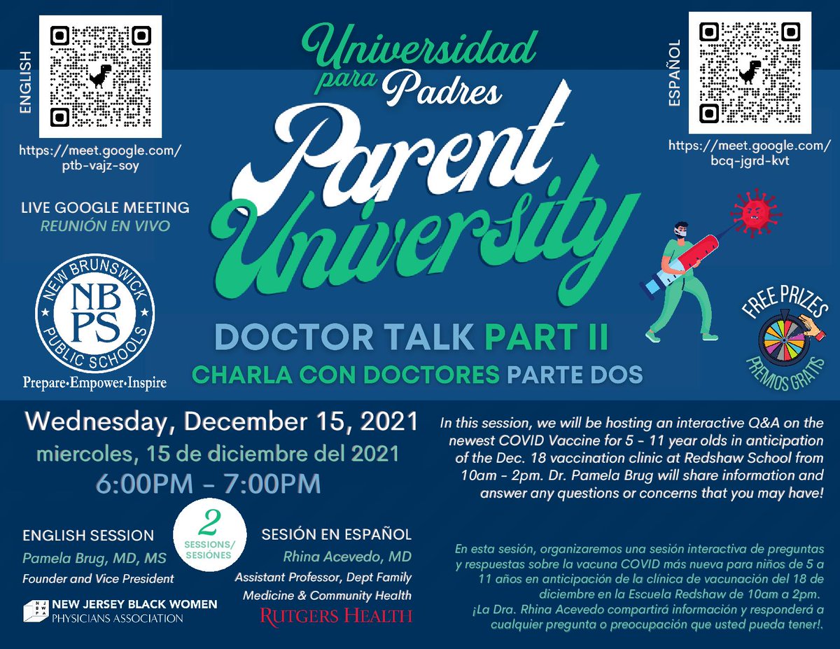 Parents University is proud to host a COVID-19 Vaccine Q&amp;A with Dr. Pamela Brug, who can answer any questions. The session will take place on December 15th from 6-7 PM. Here is the link: meet.google.com/ptb-vajz-soy and meet.google.com/bcq-jgrd-kvt