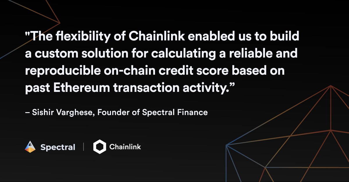 chainlink's tweet photo. Access to new data drives the development of new #DeFi markets.

@__spectral has built a custom #Chainlink oracle solution to power its Multi-Asset Credit Risk Oracle (MACRO).

MACRO uses on-chain transaction data to determine a user's creditworthiness. https://t.co/arLKOE2fuB https://t.co/oSGarX07M6