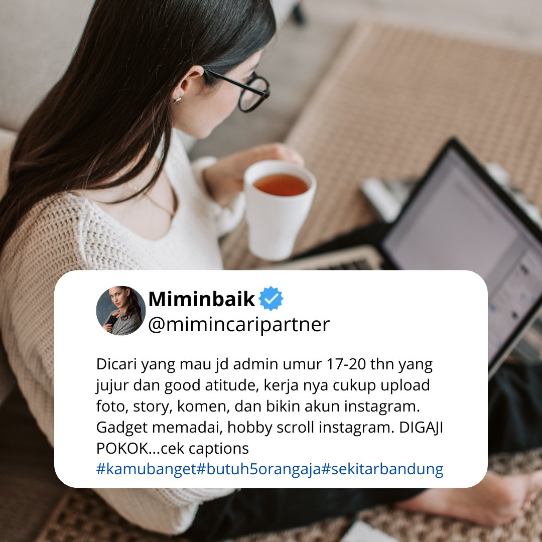 Rudihrtnn's tweet photo. WE'RE HIRING!⁣
Untuk area  Bandung
⁣Persyaratan Umum:
1. Pria/ Wanita
2. Usia 17-20 thn
3. Pendidikan maksimal SMA/SMK - kuliah
4. Rajin Beribadah
5. Jujur &amp; rajin
6. Domisili Bandung dan sekitarnya
7. Gadget memadai
8. Mahir menggunakan instagram

Whatsapp: 0838-6544-1493 https://t.co/4orCbrUtpb