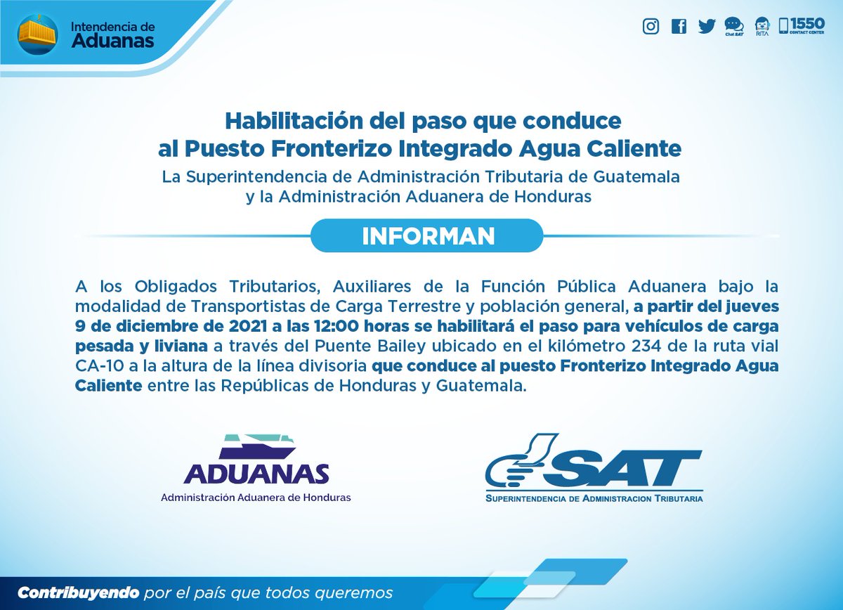 #EconómicasDCA | A partir de mañana se rehabilita el paso en el Puesto Fronterizo Integrado Agua Caliente, que se había cerrado por la instalación de un puente prefabricado en la ruta CA-10, anuncian la Intendencia de Aduanas de la <a href="/SATGT/">SAT Guatemala</a> y <a href="/AduanasHonduras/">Aduanas Honduras</a>.