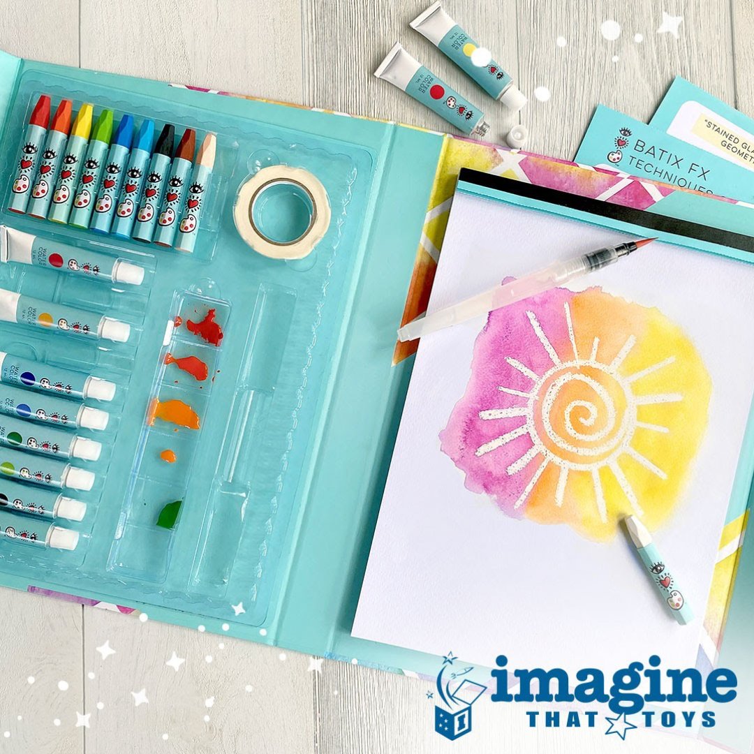 ImagineThatKS's tweet image. Batik:a method (originally used in Java) of producing colored designs on textiles by dyeing them, having first applied wax to the parts to be left undyed.
Gwen: A cool way to make a picture like reverse tye dye

#ImagineThatToys #Batik #BrightStripes #DoingItRight￼