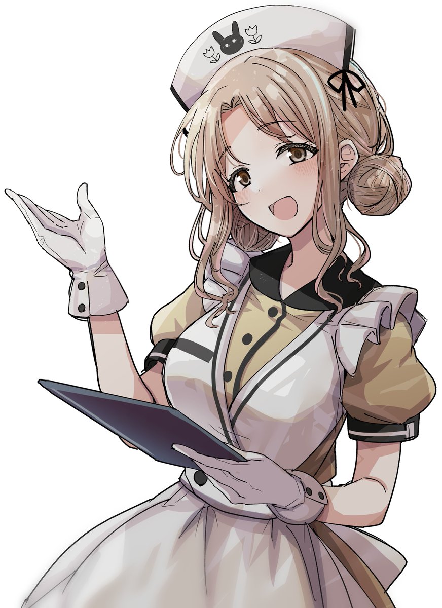 ichikawa hinana 1girl hair bun solo nurse cap gloves white background apron  illustration images