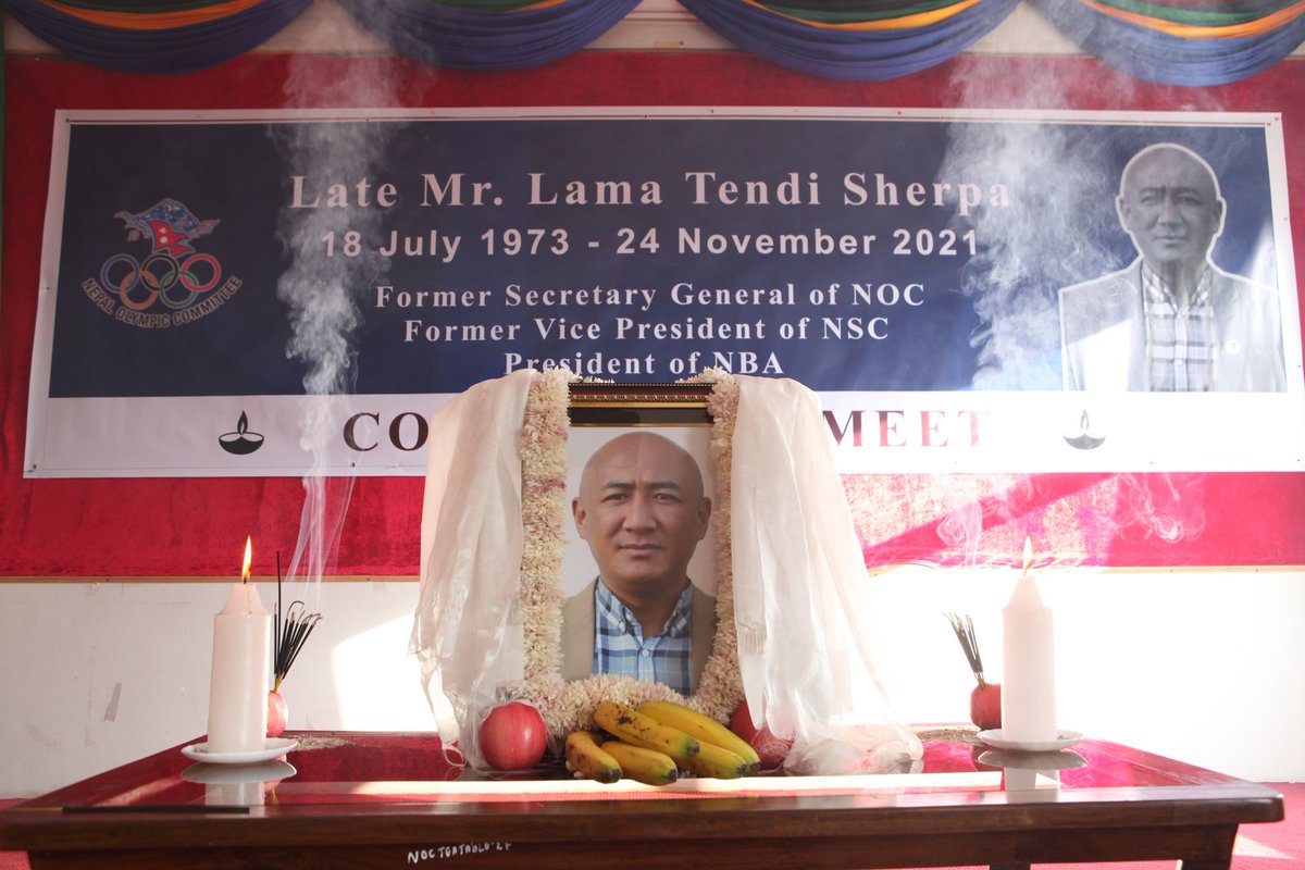 NocNepal's tweet photo. NOC organized a mourning program on Tuesday on the 14th day of Lama Tendi Sherpa, former secretary-general of the committee demise. Late Sherpa died on November 25. 2021. He was the president of the Nepal Basketball Association and also the former vice president of the NSC. https://t.co/Ny0IxpKNgA