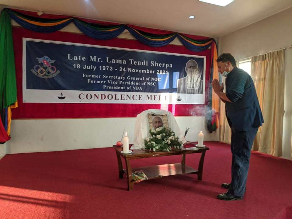 NocNepal's tweet photo. NOC organized a mourning program on Tuesday on the 14th day of Lama Tendi Sherpa, former secretary-general of the committee demise. Late Sherpa died on November 25. 2021. He was the president of the Nepal Basketball Association and also the former vice president of the NSC. https://t.co/Ny0IxpKNgA