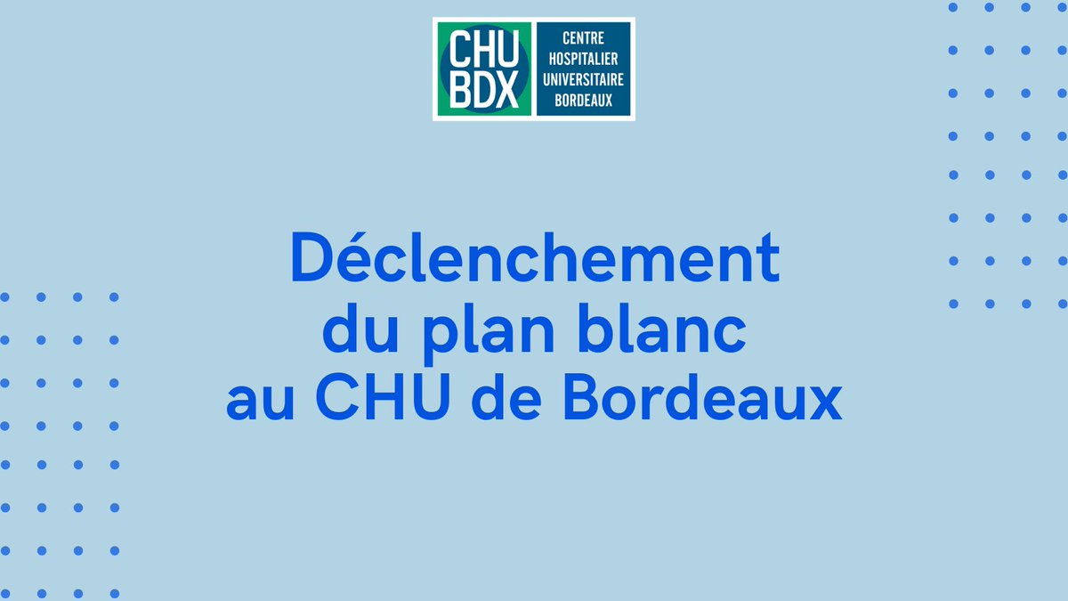 Le <a href="/CHUBordeaux/">CHU de Bordeaux</a> vient de déclencher son Plan Blanc de niveau 2, en concertation avec l'<a href="/ARS_NAquit/">ARS Nouvelle-Aquitaine</a>. Mobilisation max. pour permettre l'augmentation progressive des capacités de prise en charge dans les services de réa et de médecine. <a href="/yannbubien/">Yann Bubien</a> @GrenierNicolas7 <a href="/celine_etchetto/">ETCHETTO Céline</a>