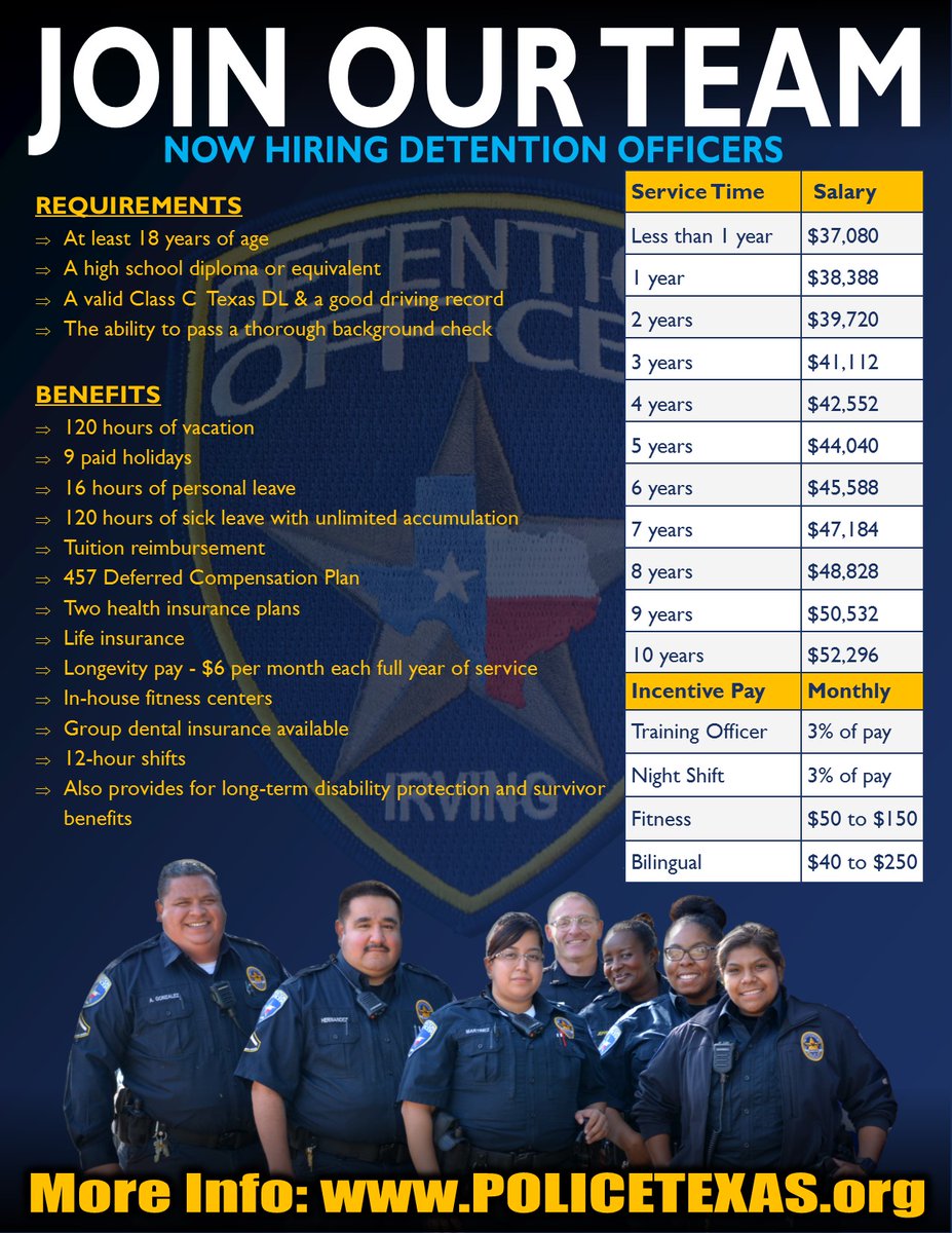 IrvingPD's tweet photo. 3/3 ...sick time, family illness leave & many others, make a career w/ Irving an obvious choice.
*Please RT* The next IPD Civil Service Exam will be held on Feb. 26, 2021 & Walk-Ins are welcome*
For More Info: https://t.co/Z1y3AsXMAs
#JoinIPD #Recruiting #PoliceJobs https://t.co/ts6mcxt64U