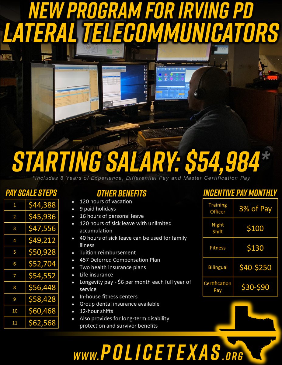 IrvingPD's tweet photo. 3/3 ...sick time, family illness leave & many others, make a career w/ Irving an obvious choice.
*Please RT* The next IPD Civil Service Exam will be held on Feb. 26, 2021 & Walk-Ins are welcome*
For More Info: https://t.co/Z1y3AsXMAs
#JoinIPD #Recruiting #PoliceJobs https://t.co/ts6mcxt64U