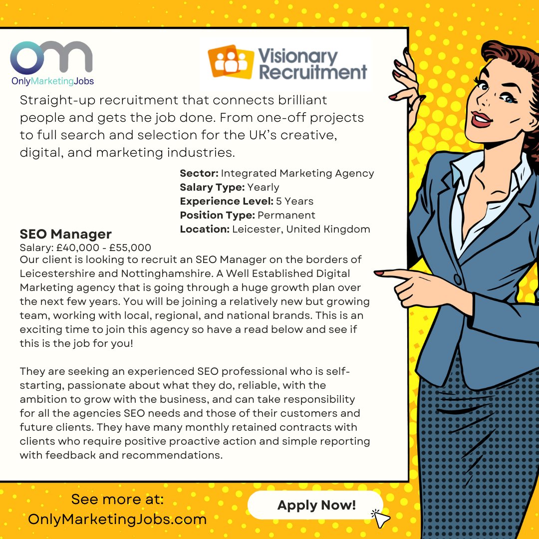 onlymarketing's tweet photo. Are you an experienced SEO professional who is self-starting and passionate about what you do? If so, this could be the role for you!

Visionary Recruitment is looking for an SEO Manager!

See more here: 
https://t.co/9e1K2mx65o

#recruitment #seo #marketing #digitalmarketing https://t.co/Ms1Xhstw9U