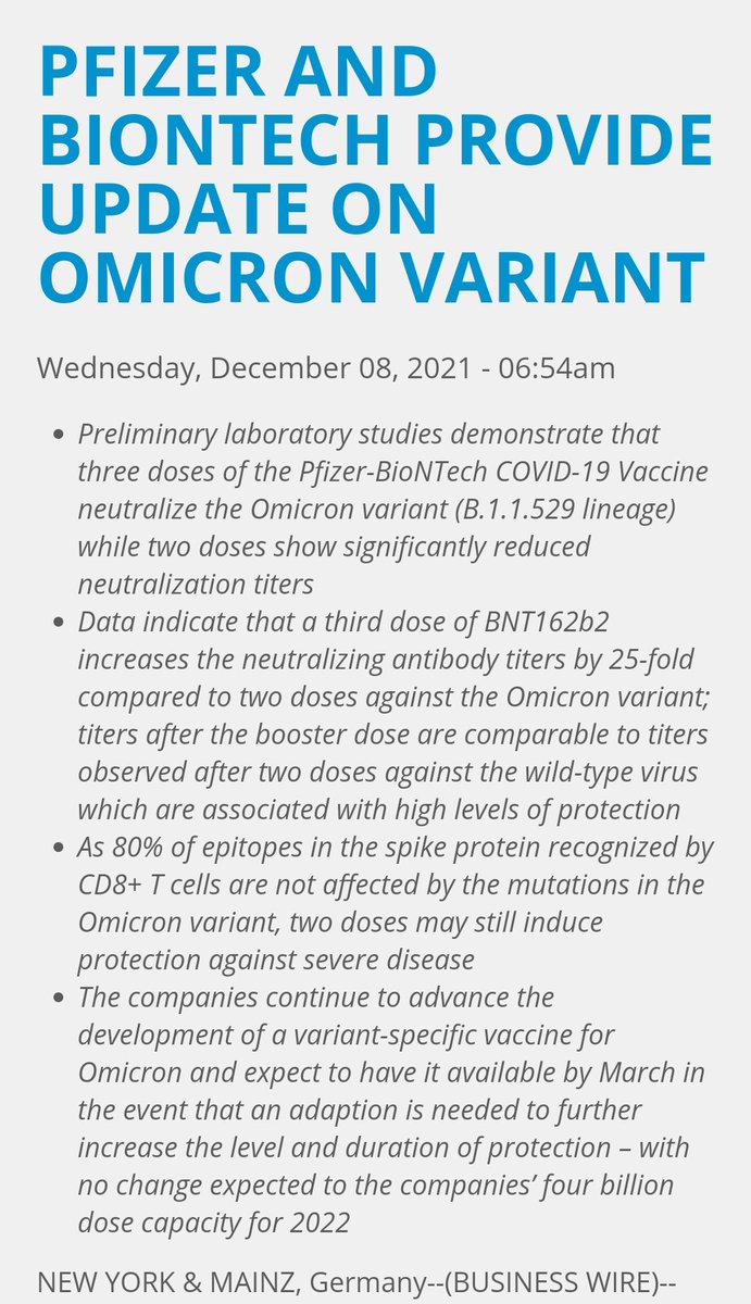 DrUzmaSyed's tweet photo. Preliminary studies by Pfizer report that 3 doses of their vaccine Neutralize the Omicron variant while 2 doses showed a significant reduction. 

3rd dose showed a 25 fold inc in antibody titers against the variant .

2 doses may still protect against severe disease https://t.co/b8ZzxpVTYz
