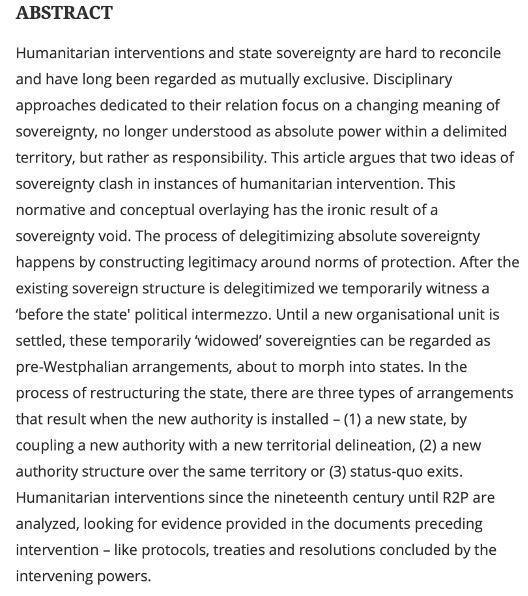 InRights's tweet image. New pub alert! Oana-Cosmina Mihalache discusses how #humanitarianinterventions &amp;amp; #statesovereignty are hard to reconcile arguing that two ideas of sovereignty clash in #humanitarianintervention. bit.ly/3bILQ1m @Columbia @Rout_PoliticsIR @HRC_News