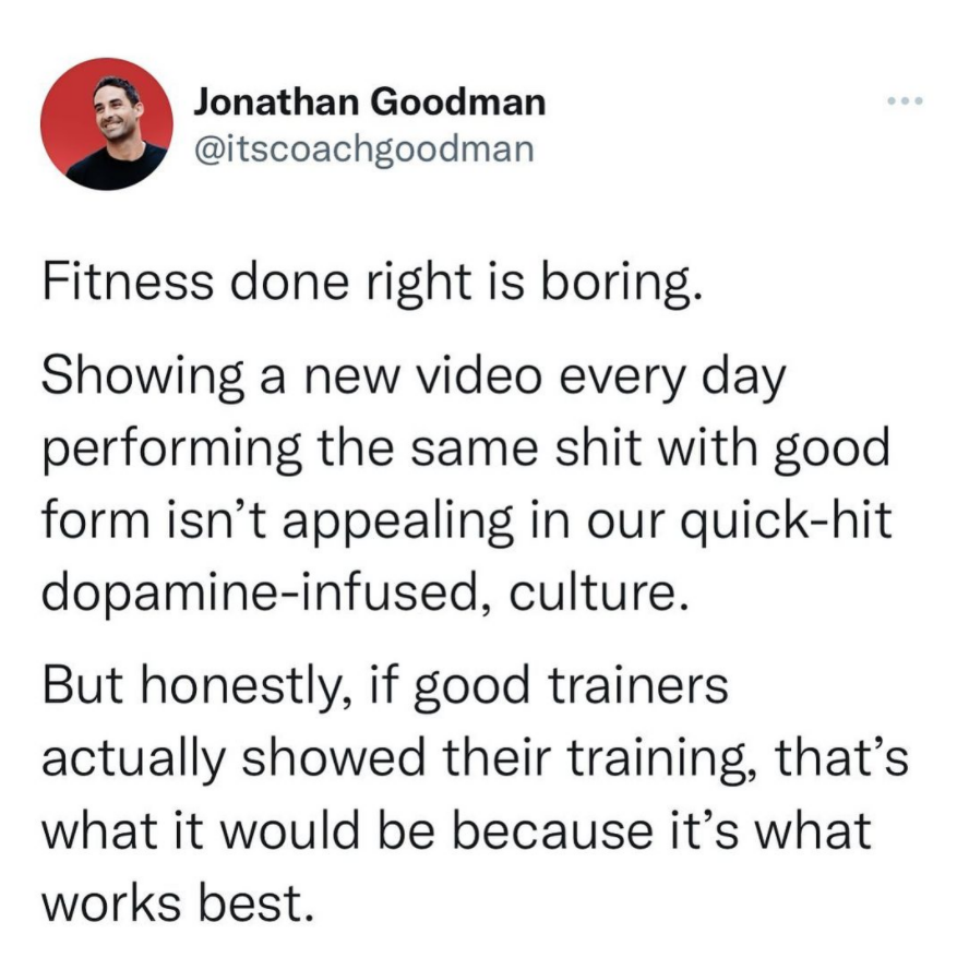 Don’t get it twisted: variation is ok. But it isn’t going to get you in great shape.

The basics work best.

Repetition is king, and the real secret to success is to choose an exercise you can crush, do it often, and make it your bitch.

#fitnesstrainer #besttrainer #workouttime