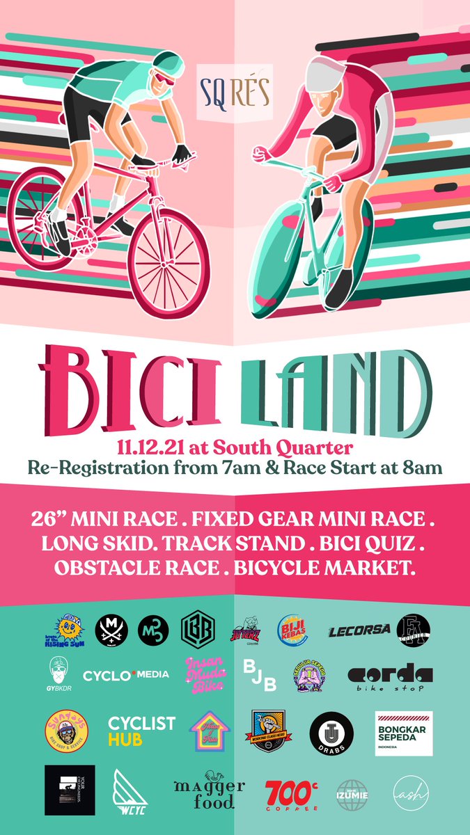 WCHbike's tweet photo. Sabtu nanti jangan lupa mampir ke BiciLand persembahan dari South Quarter Jakarta, MNK Cycling dan HOTRS Jakarta ya. Kapan lagi bisa kumpul bareng bocah bangor @FAcourier , BKCC dan abang2 ganteng Le Corsa serta Jitterz sambil balap ringan tapi seru https://t.co/jf4kR2SerO