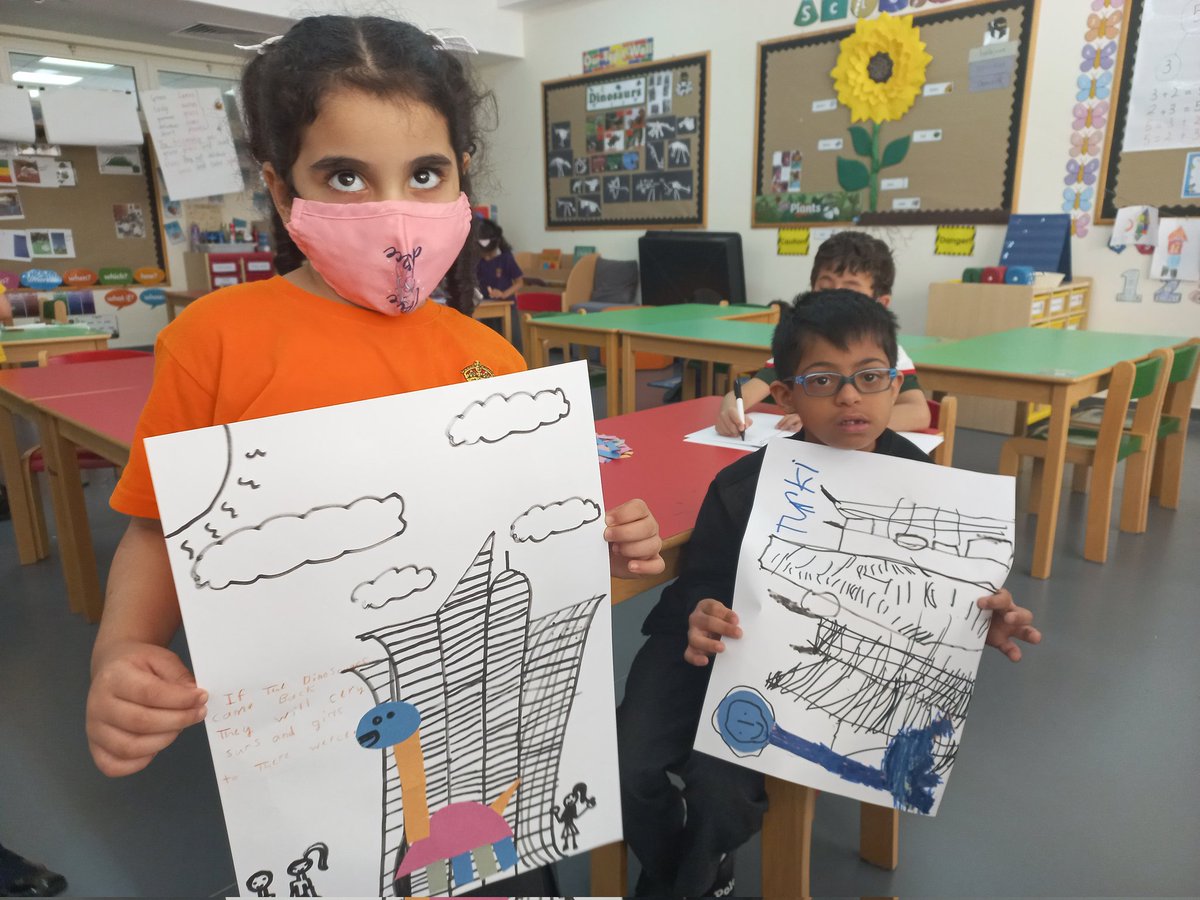 RGSGQ_Yearone's tweet photo. We listened to a story 'If the dinosaurs came back...'. We drew our city using markers and made predictions about what would happen if dinosaurs came back. Some suggestions were 'They would help the firefighters put fires out' and 'They would take our dads to work'. https://t.co/bP4zlbdF0V