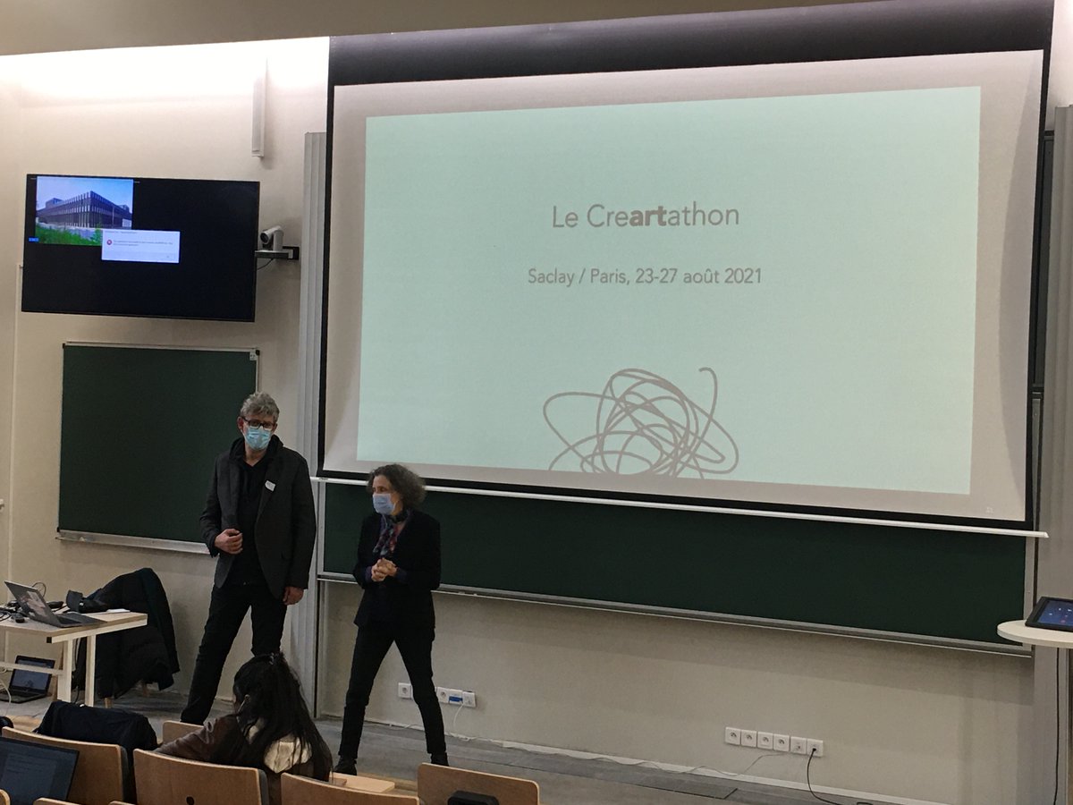 SO_BU_UPSACLAY's tweet photo. En direct !🤗Comment combiner l’art🎭et la science🧪🔭 en une semaine ? Wendy Mackay (LISN/INRIA) et Nicolas Taffin (CF éditions) racontent leur beau projet #Creartathon à @PascalInstitut dans le programme des #FutursFantastiques #FF21. https://t.co/5jWOkWc0v5