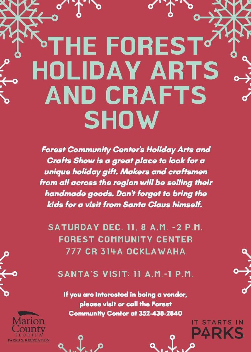 MarionParksRec's tweet photo. Our Holiday Arts and Crafts show at the Forest Community Center is this Saturday from 8am-2pm. Local makers and artisans will have lots of interesting handmade items. Don't forget to bring the kiddos, we hear there might even be a visit from Santa. #mcparksandrec https://t.co/hQBHZ8XkEx