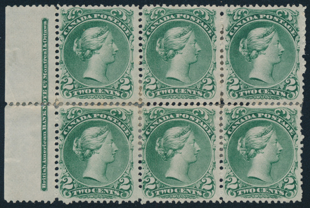 SparksAuctions's tweet photo. From Sale 38, the individual stamps catalogue $30K: Lot 68, Canada 1868 two cent green Large Queen VF Mint block of six on unwatermarked Bothwell paper, sold for C$11,700 #B.A.B.N.Co. #BothwellPaper #LargeQueen https://t.co/qrlglsTZQm https://t.co/pJOqVheSi0
