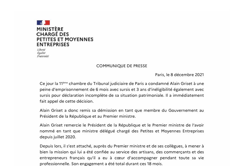 🔴Démission du ministre des PME #AlainGriset (communiqué Bercy)