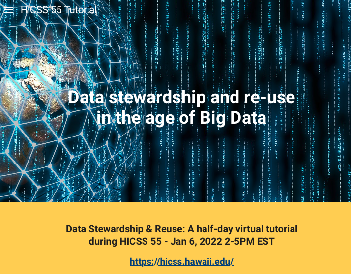 lucy_institute's tweet photo. Join on Jan 6 for Data stewardship and re-use in the age of Big Data, a 1/2 day virtual tutorial during the Hawaii International Conference on System Sciences (HICSS-55)  Registration is open now (&amp; free) https://t.co/5Dob9KwOjA… #HICSS55 with  
@LinePouchard and @nkmeyers https://t.co/jYXxiu2Erb