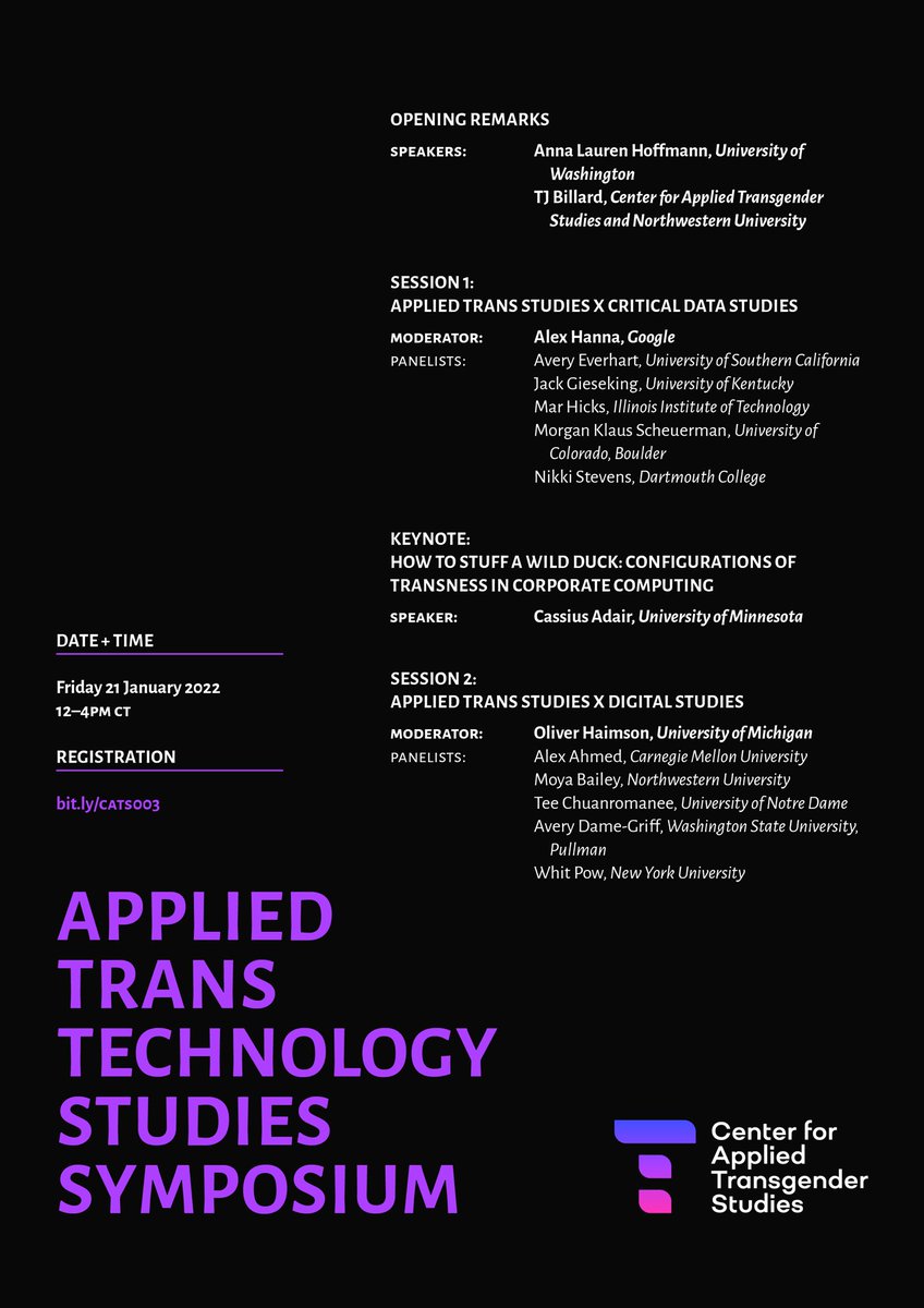 📅 FRIDAY, JANUARY 21, 2022! 📅

Join us for the Center's upcoming Applied Trans Technology Studies Symposium, a free event open to the public, from 12pm-4pm CST. The event will include two panel sessions and a keynote.

Register at: bit.ly/CATS003